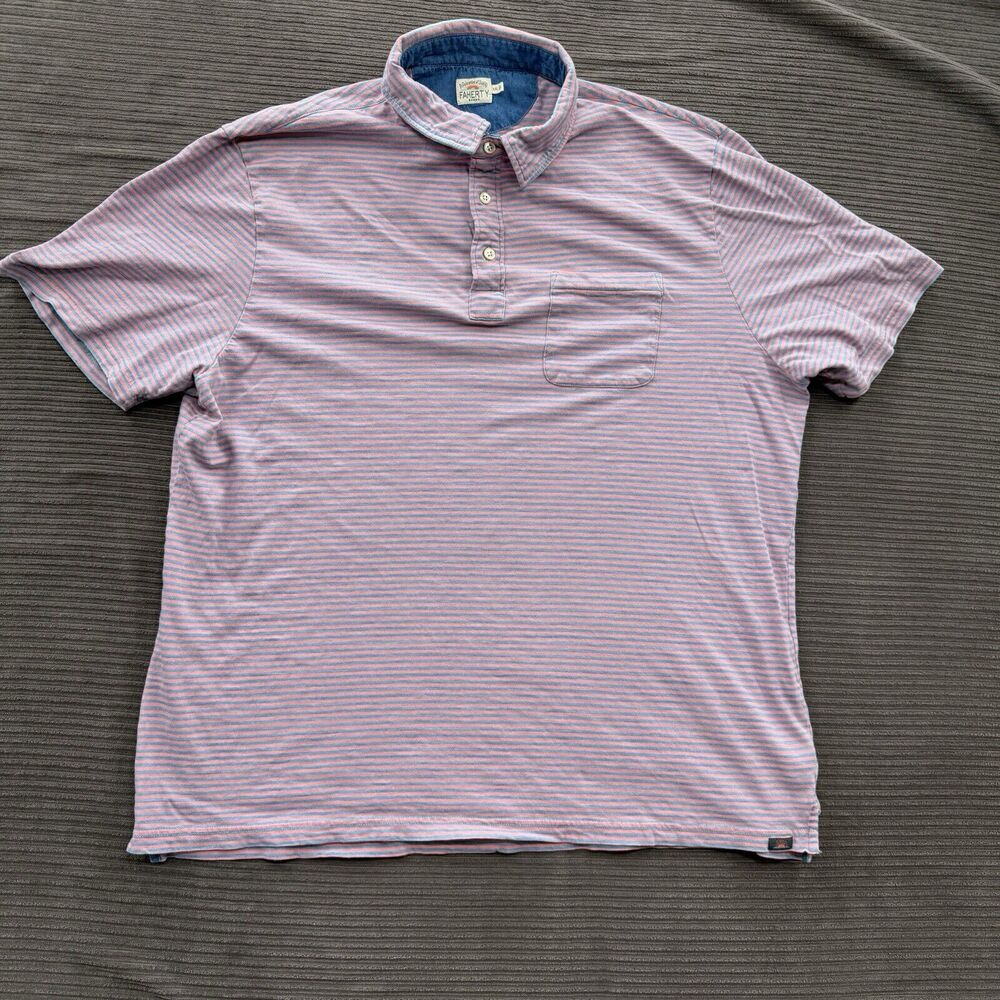 Faherty Polo Shirt Men 2XL Pink Blue Stripes Organic Cotton Designer‎ Preppy.